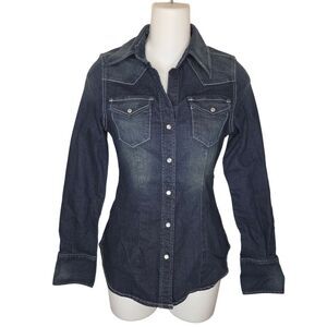 Express Stretch Denim Pearl Snap Western Fitted Shirt Size Xxs